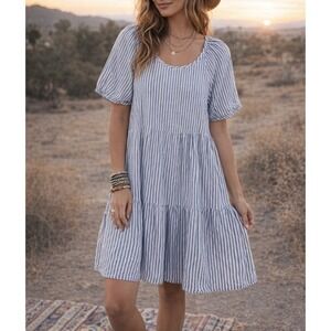 BeachLunchLounge Tiered Dress XS Blue Linen Cotton Stripe Summer Cottagecore